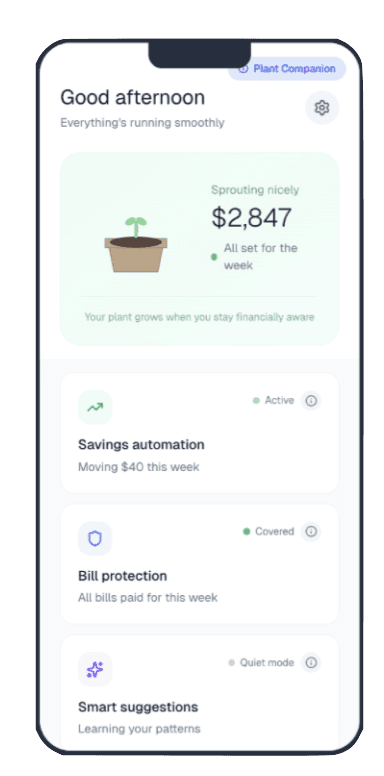 Plant Companion app mockup showing home dashboard with savings automation, bill protection, and smart suggestions